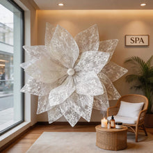 Load image into Gallery viewer, Close-up of delicate white lace petals on a giant paper flower, showcasing intricate floral texture and handcrafted detail