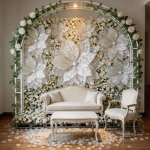 Load image into Gallery viewer, Giant white lace paper flower displayed as a wedding ceremony backdrop, elegant oversized floral wall decor for events and photo shoots