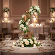 Load image into Gallery viewer, Gold S-shaped centerpiece with white roses