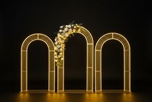 Load image into Gallery viewer, Wedding arch with yellow LED strips on black background