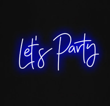 Load image into Gallery viewer, Large Let's Party LED neon sign in blue - event decoration for corporate parties and celebrations
