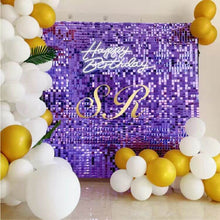 Load image into Gallery viewer, Elegant purple shimmer wall backdrop for a birthday party