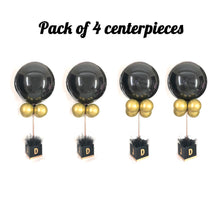Load image into Gallery viewer, DIY luxury balloon centerpiece with gold metallic balloons, black balloons, and bobo balloons in decorative box for party table decoration