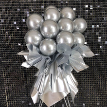 Load image into Gallery viewer, Premium silver balloon stand bouquet with disco ball accents for luxury birthday party decor