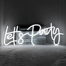 Load image into Gallery viewer, Let's Party LED neon sign in white light - premium acrylic party decoration for birthdays and celebrations