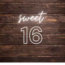Load image into Gallery viewer, Sweet 16 LED neon sign in white light - customizable birthday party decoration with transparent acrylic backing