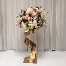 Load image into Gallery viewer, Elegant gold metal S-shaped centerpiece stand for luxury table settings
