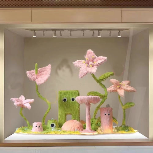 giant fluffy fower arrangement decor for apparel show