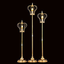 Load image into Gallery viewer, Wedding crown centerpiece with LED lights in gold - 3-piece set with 35, 43, and 51 inch stands for elegant table decor
