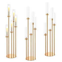 Load image into Gallery viewer, Gold metal 5-head candle holder centerpiece for wedding and event table decor
