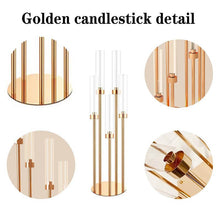 Load image into Gallery viewer, Close-up of gold candelabra with five candle holders showing elegant metallic finish and stable base
