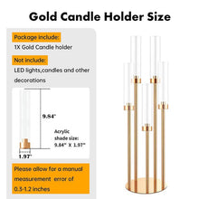 Load image into Gallery viewer, 5-arm gold metal candle holder styled on event table with floral arrangements and elegant place settings
