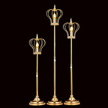 Load image into Gallery viewer, Wedding crown centerpiece with LED lights in gold - 3-piece set with 35, 43, and 51 inch stands for elegant table decor
