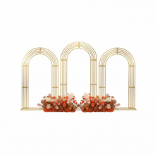 Load image into Gallery viewer, Gold metal wedding arch backdrop with curved geometric design for ceremony decor
