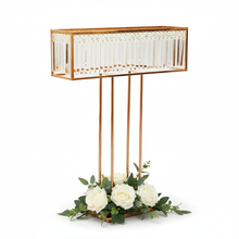 Load image into Gallery viewer, 35.4 inch gold metal centerpiece stand with crystals for wedding reception tables and special events
