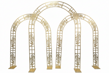 Load image into Gallery viewer, Premium gold arch wedding backdrop with carved rose details for party decor
