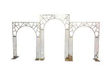 Load image into Gallery viewer, Gold metal arch wedding backdrop decorated with red flowers for events 
