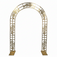 Load image into Gallery viewer, Gold arch wedding backdrop with rose carving for elegant ceremony decor

