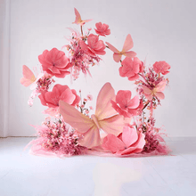 Load image into Gallery viewer, Pink giant paper flower backdrop arch with butterflies for birthday party, baby shower, and photo booth decoration
