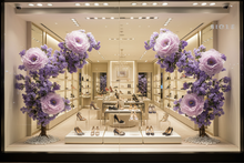 Load image into Gallery viewer, Purple flower trees framing women's shoe store window
