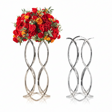 Load image into Gallery viewer, Silver flower table centerpiece stands with red flowers
