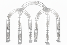 Load image into Gallery viewer, Elegant silver arch wedding backdrop stand with decorative rose design for events
