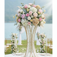 Load image into Gallery viewer, Square gold crystal centerpiece with floral arrangement
