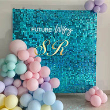 Load image into Gallery viewer, Blue shimmer wall backdrop for a kids party
