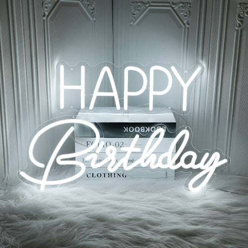 happy birthday neon sign in white for event 