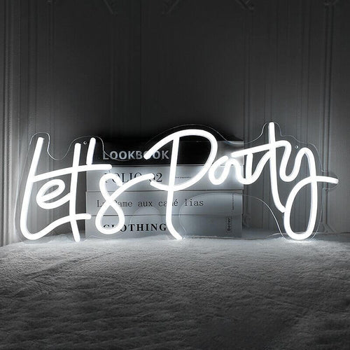 Let's Party LED neon sign in white for birthday celebrations