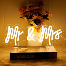 Load image into Gallery viewer, Elegant MR &amp; MRS LED neon sign in warm white for anniversary celebrations
