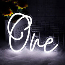 Load image into Gallery viewer, Customizable one neon sign in white for first birthday party
