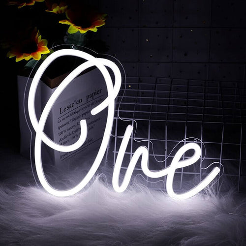 Customizable one neon sign in white for first birthday party