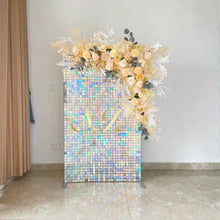 Load image into Gallery viewer, Luxurious silver shimmer wall backdrop for engagement decorations
